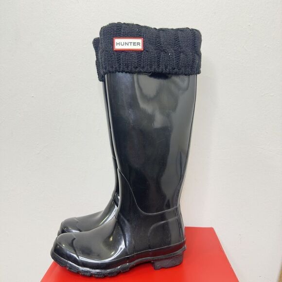 Hunter Original Tall Boot Logo Women's‎ Size 5 Black Gloss Waterproof With Socks - Picture 1 of 8